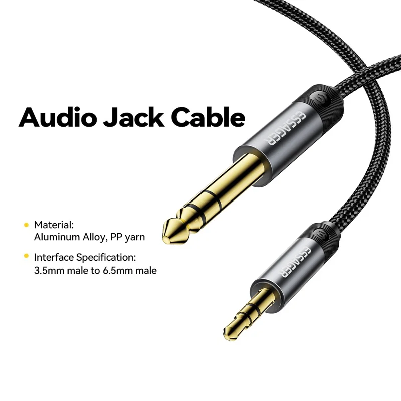 ESSAGER 2m HD Son Câble Tressé Adaptateur Audio 3.5mm Mâle à 6.5mm Mâle avec Connecteur Plaqué Or - Gris
