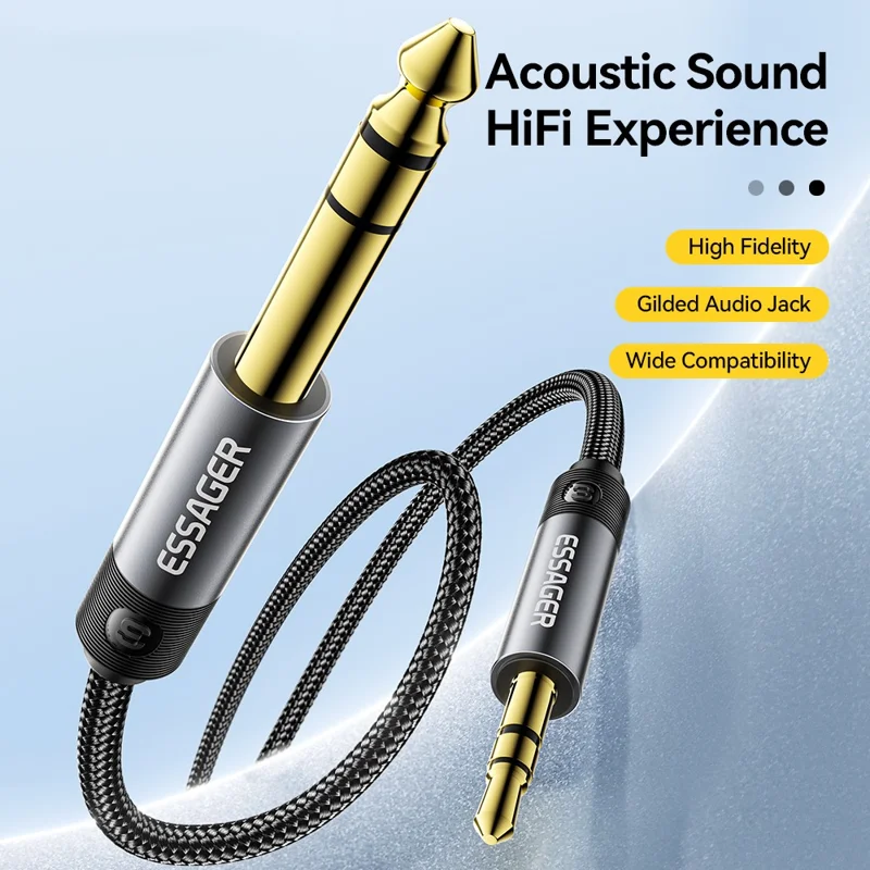 ESSAGER 2m HD Son Câble Tressé Adaptateur Audio 3.5mm Mâle à 6.5mm Mâle avec Connecteur Plaqué Or - Gris