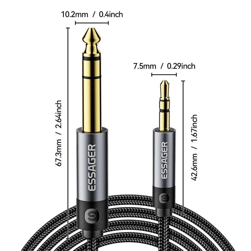 ESSAGER 5m Câble audio tressé HD Son 3,5 mm Mâle vers 6,5 mm Mâle Adaptateur avec connecteur plaqué or - Gris