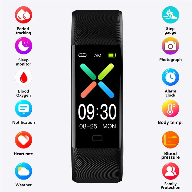 سوار الذكية F71 لقياس ضغط الدم ومعدل ضربات القلب ودرجة الحرارة وقياس نبض الأكسجين وعداد الخطى ومتتبع اللياقة - أسود
