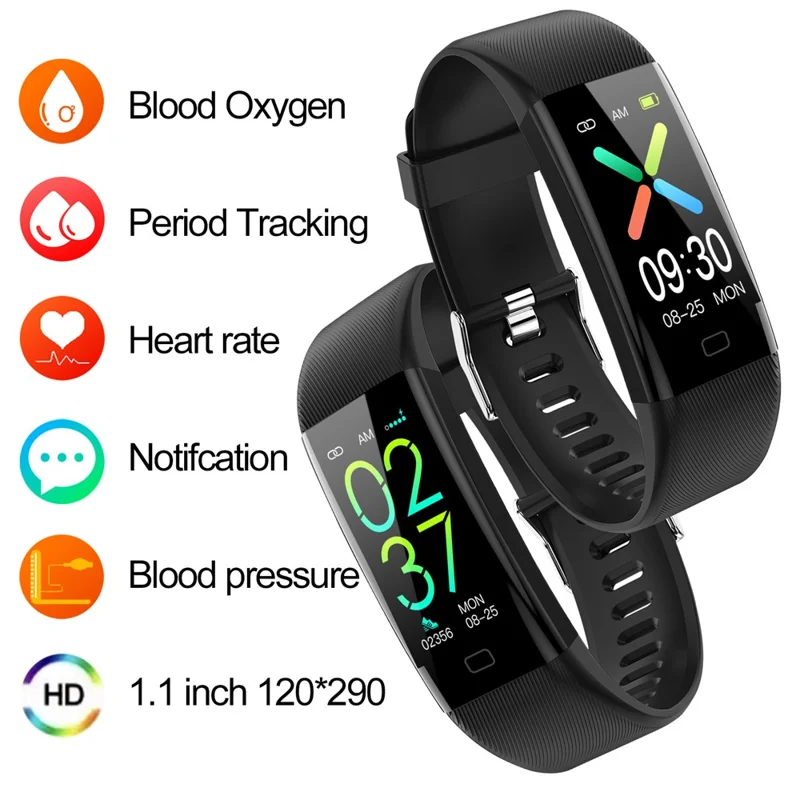 سوار الذكية F71 لقياس ضغط الدم ومعدل ضربات القلب ودرجة الحرارة وقياس نبض الأكسجين وعداد الخطى ومتتبع اللياقة - أسود