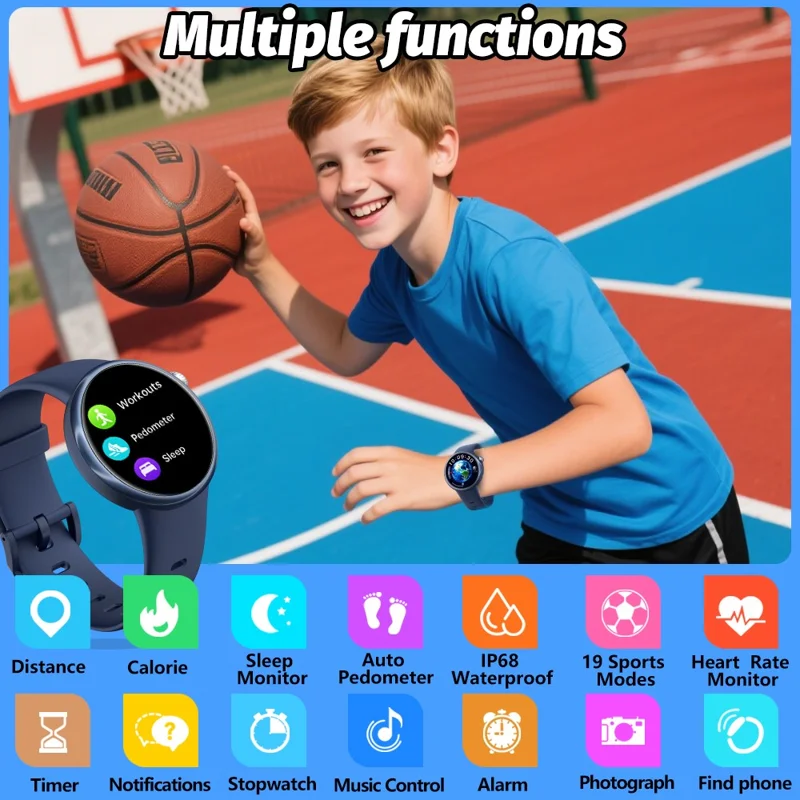 H39L For Kids Smart Watch 1.09 Inch Round AMOLED Screen Customizable UI Heart Rate Sleep Health Monitor - Black