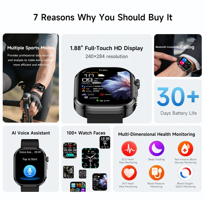 Montre connectée GE52 écran HD 1,88 pouce, moniteur de santé ECG, appel Bluetooth, suivi de forme - Bracelet en silicone noir