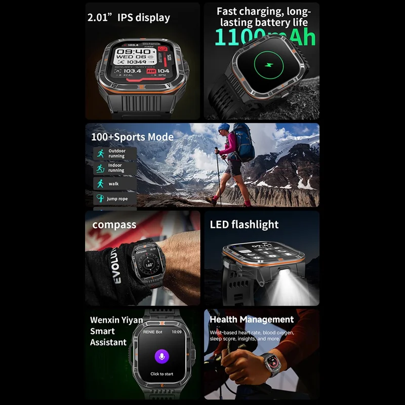 HT38 2.01 Inch IPS Screen Smart Watch for Outdoor Sports IP68 Waterproof Health Monitor Bluetooth-compatible Calling Wristwatch - Black+Orange