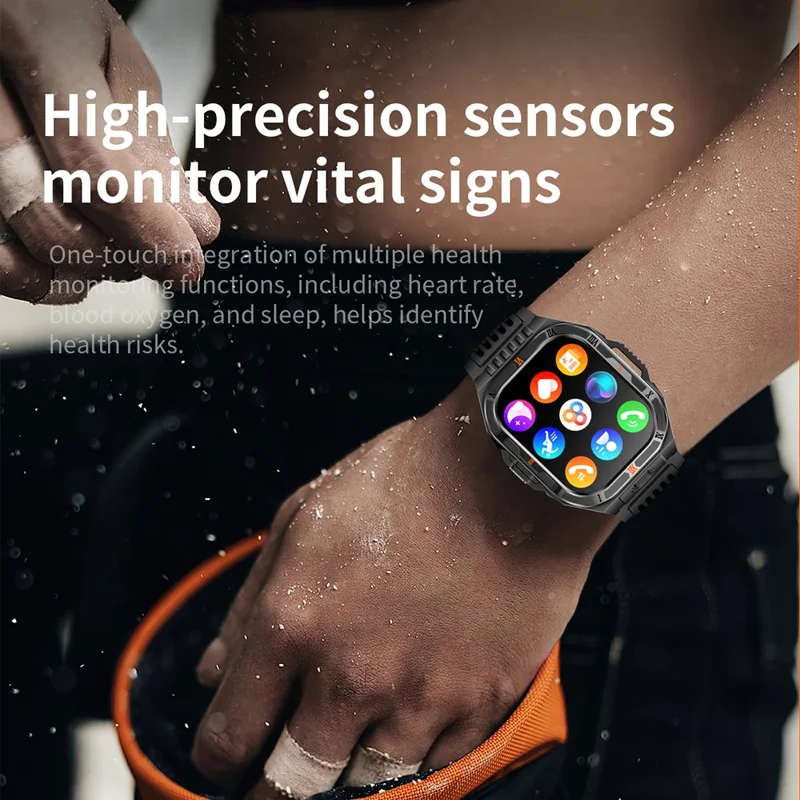 HT38 2.01 Inch IPS Screen Smart Watch for Outdoor Sports IP68 Waterproof Health Monitor Bluetooth-compatible Calling Wristwatch - Black+Orange