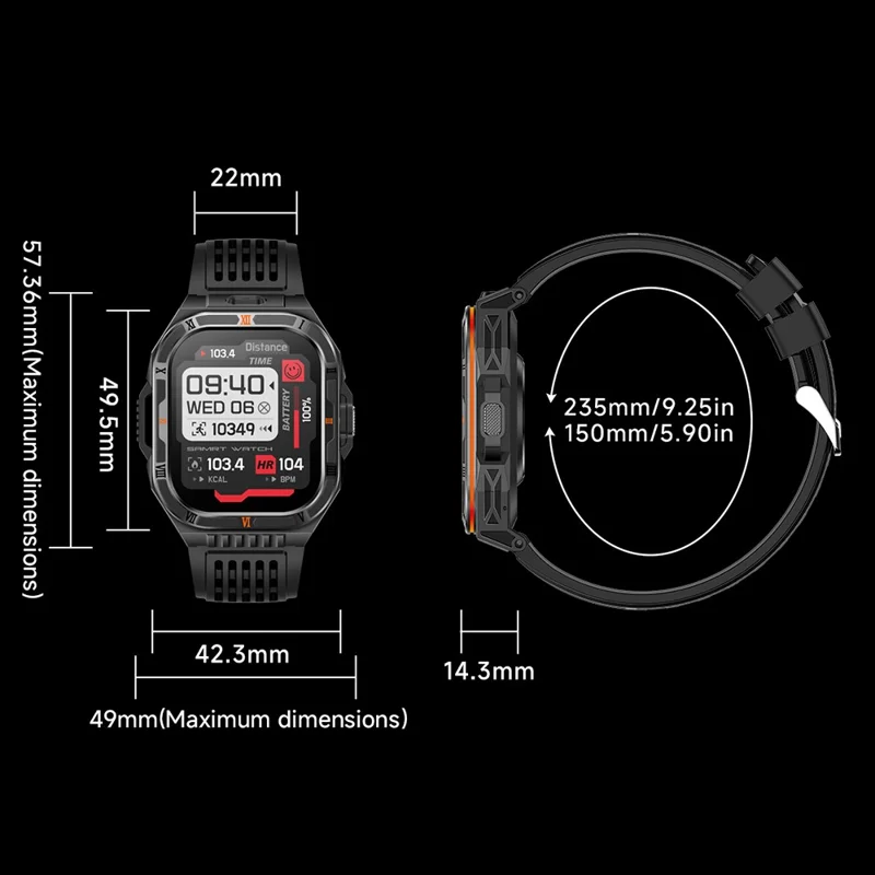 HT38 2.01 Inch IPS Screen Smart Watch for Outdoor Sports IP68 Waterproof Health Monitor Bluetooth-compatible Calling Wristwatch - Black+Orange