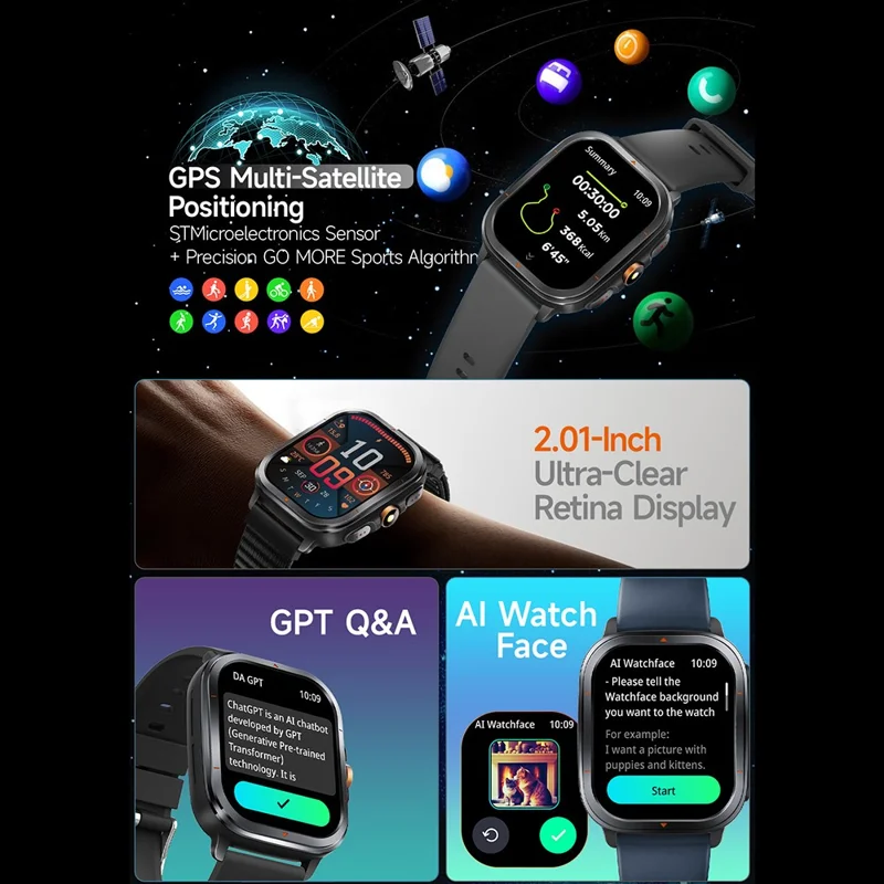 TS500 2.01 Inch IPS Screen Sports  Smartwatch Health Monitor Bluetooth-compatible Calling Wristwatch with Compass Altimeter Barometer - Black