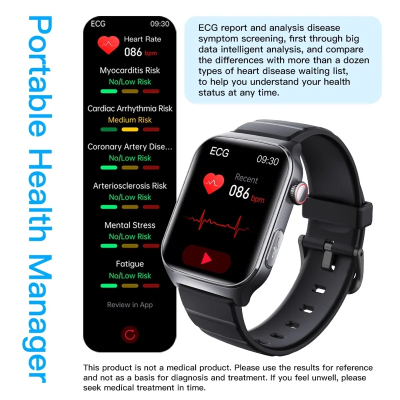 F320 Smart Watch ECG PPG Health Monitor Heart Rate Blood Pressure SOS Fall Detection Watch - Black Silicone
