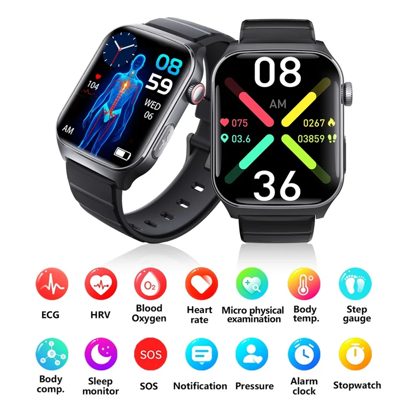 F320 Smart Watch ECG PPG Health Monitor Heart Rate Blood Pressure SOS Fall Detection Watch - Black Silicone