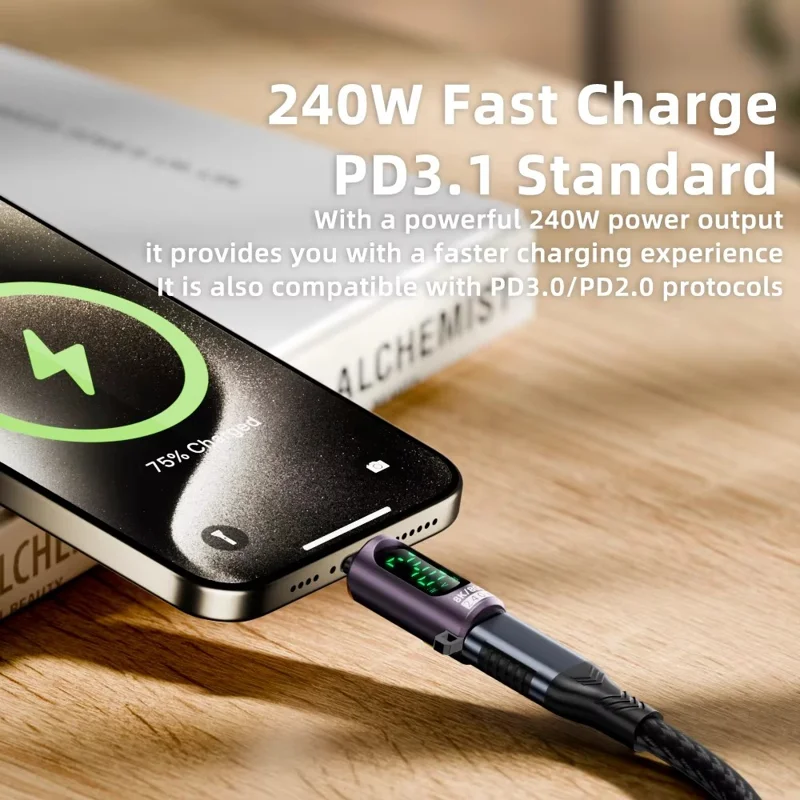 PD 240W USB-C-Adapter mit Digitalanzeige, männlich Typ-C auf weiblich Typ-C, OTG-Connector – Lila