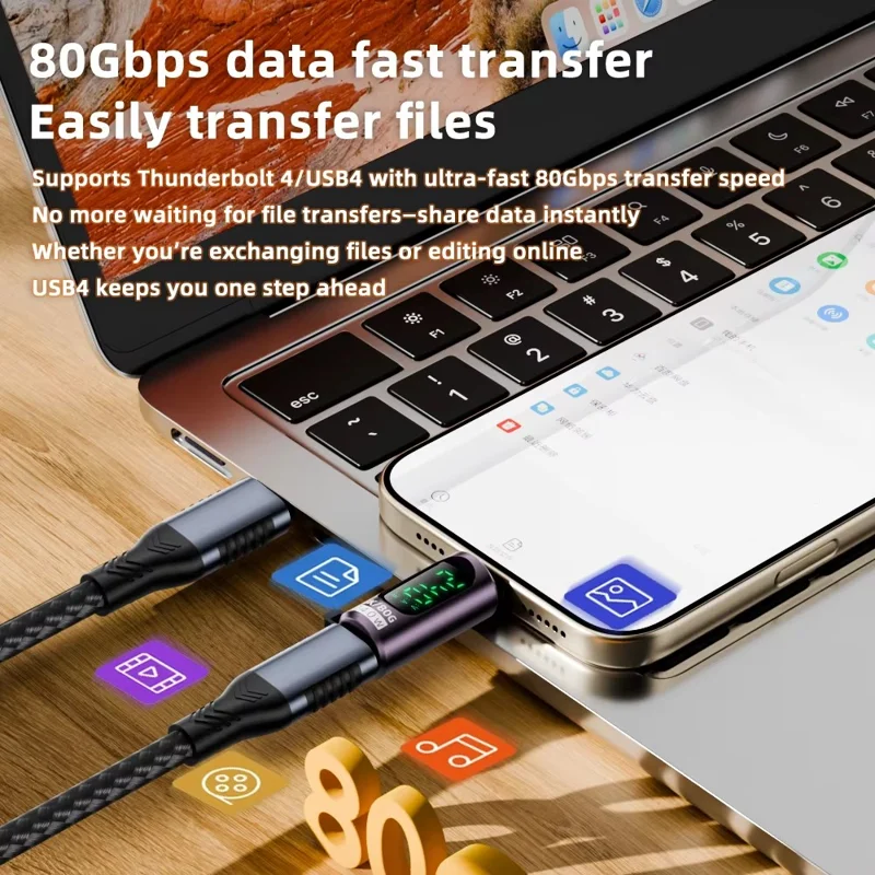 PD 240W USB-C-Adapter mit Digitalanzeige, männlich Typ-C auf weiblich Typ-C, OTG-Connector – Lila