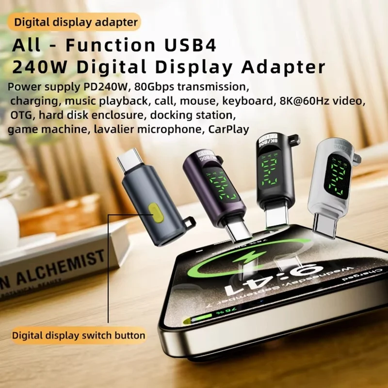 PD 240W USB-C-Adapter mit Digitalanzeige, männlich Typ-C auf weiblich Typ-C, OTG-Connector – Lila