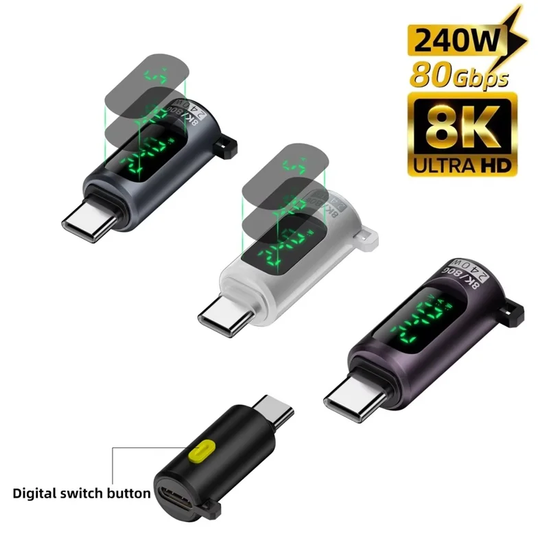 PD 240W USB-C-Adapter mit Digitalanzeige, männlich Typ-C auf weiblich Typ-C, OTG-Connector – Lila