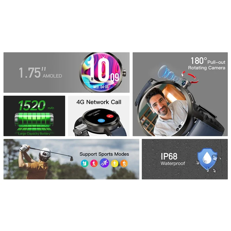 Смарт-часы UNIWA DM82, дисплей 1,82 дюйма, ОЗУ 2 ГБ, память 16 ГБ, слот для 4G SIM-карты — черные