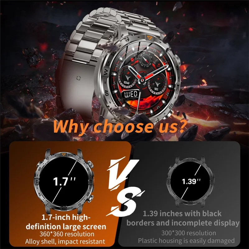 AK91 1.7 Inch HD Screen Smart Watch Bluetooth-compatible Calling Outdoor Sports Watch with Pedometer Flashlight - Black
