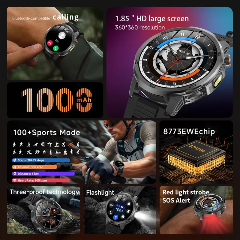 AK95 Multi-Functional Smart Watch Bluetooth-Compatible IP68 Waterproof Sports Watch with Heart Rate Monitor - Black + Silicone Strap