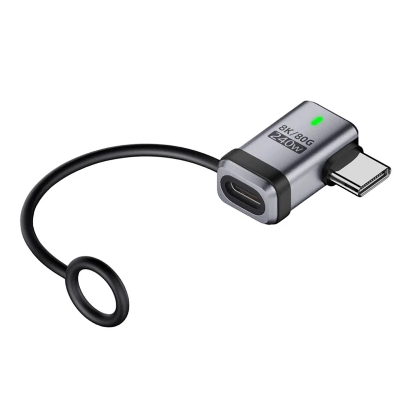 Angled Male to Female PD 240W Type-C Adapter Aluminum Alloy 120Gbps Data Transfer Converter Plug with Lanyard - Silver