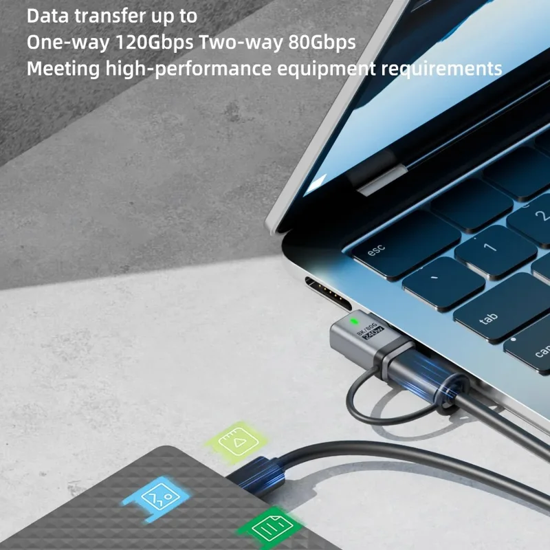 Angled Male to Female PD 240W Type-C Adapter Aluminum Alloy 120Gbps Data Transfer Converter Plug with Lanyard - Silver