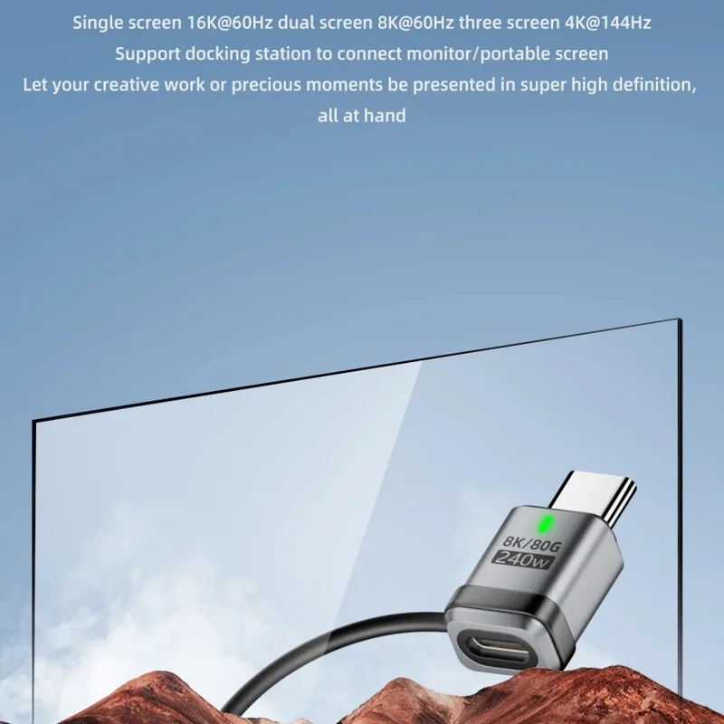 Angled Male to Female PD 240W Type-C Adapter Aluminum Alloy 120Gbps Data Transfer Converter Plug with Lanyard - Silver