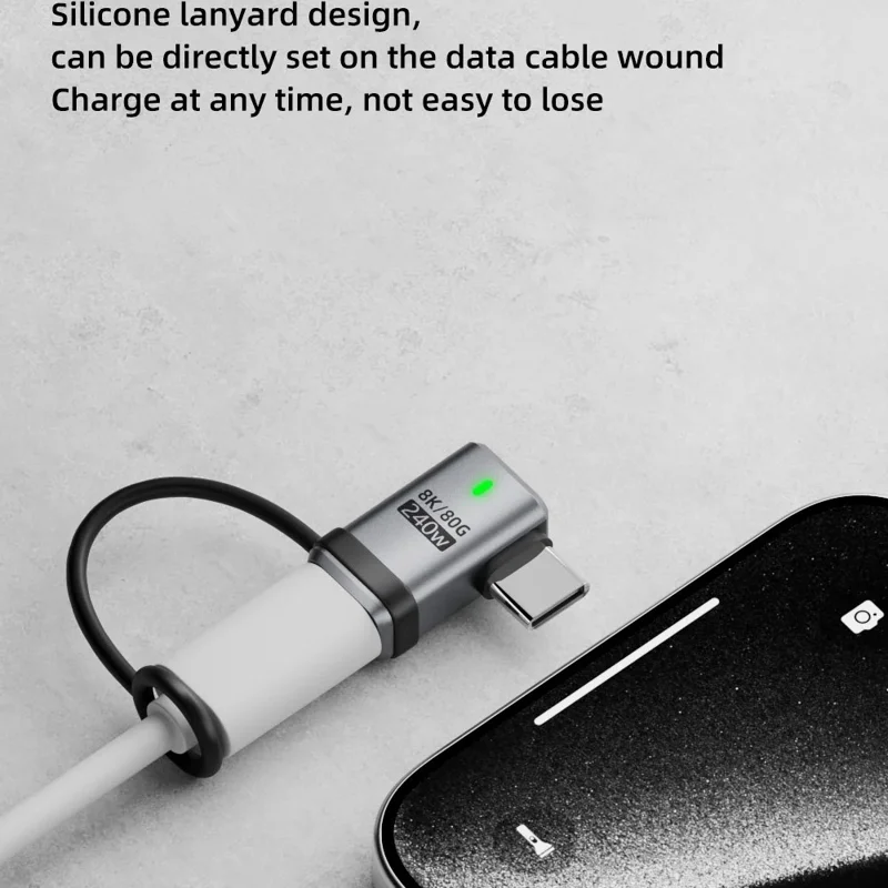 Angled Male to Female PD 240W Type-C Adapter Aluminum Alloy 120Gbps Data Transfer Converter Plug with Lanyard - Silver