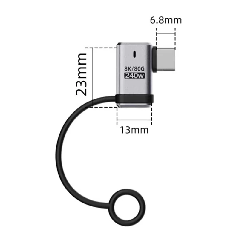 Angled Male to Female PD 240W Type-C Adapter Aluminum Alloy 120Gbps Data Transfer Converter Plug with Lanyard - Silver