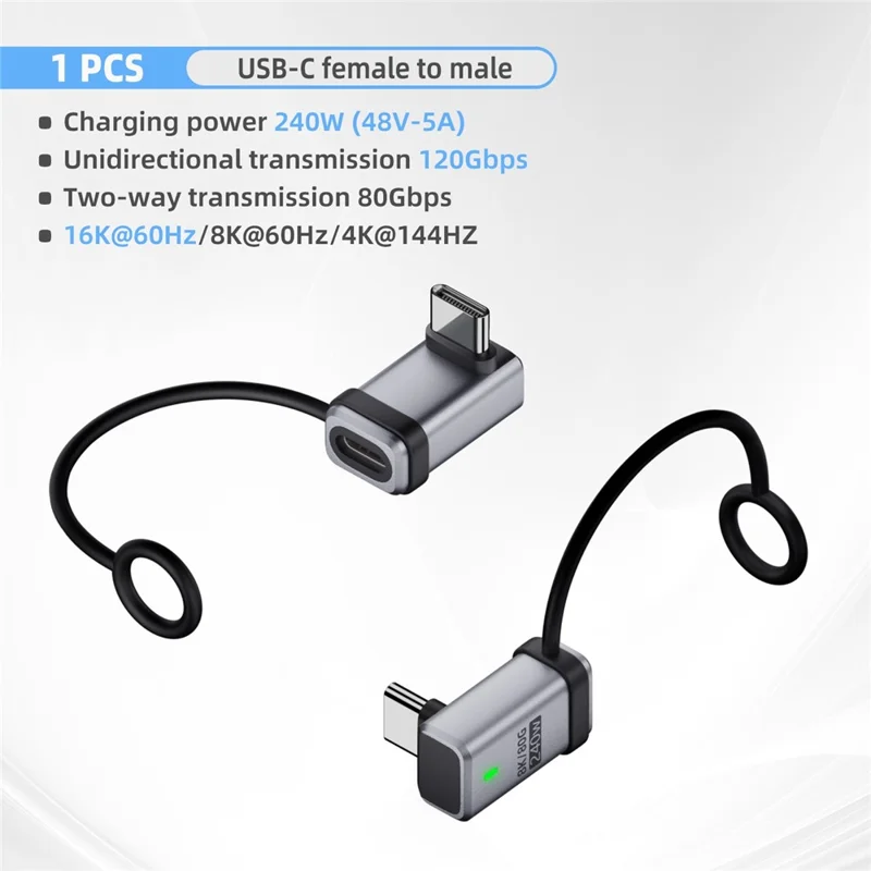 3D Bending Male to Female PD 240W Type-C Adapter Aluminum Alloy 120Gbps Data Transfer Converter Plug with Lanyard - Silver