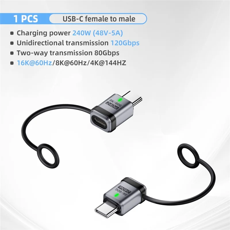 240W Type-C Adapter Aluminiumlegierung Stecker auf Buchse USB-C Konverter mit Lanyard / 120Gbps Datenübertragung / 16K Displayunterstützung - Silber