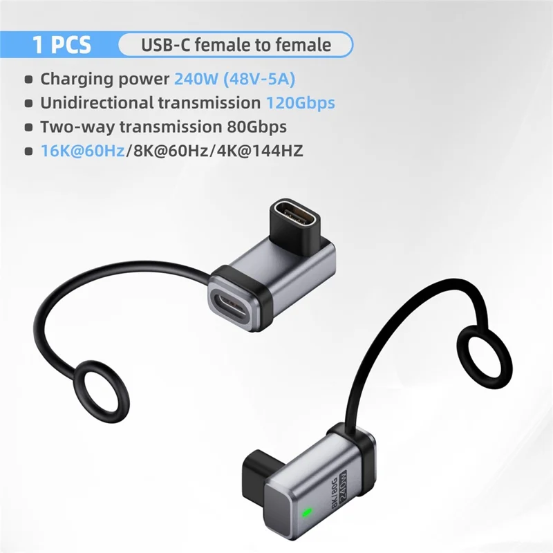 240W Type-C Adapter Aluminum Alloy Angled Female to Female USB-C Converter with Lanyard  /  120Gbps Data Transfer  /  16K Display Support - Silver