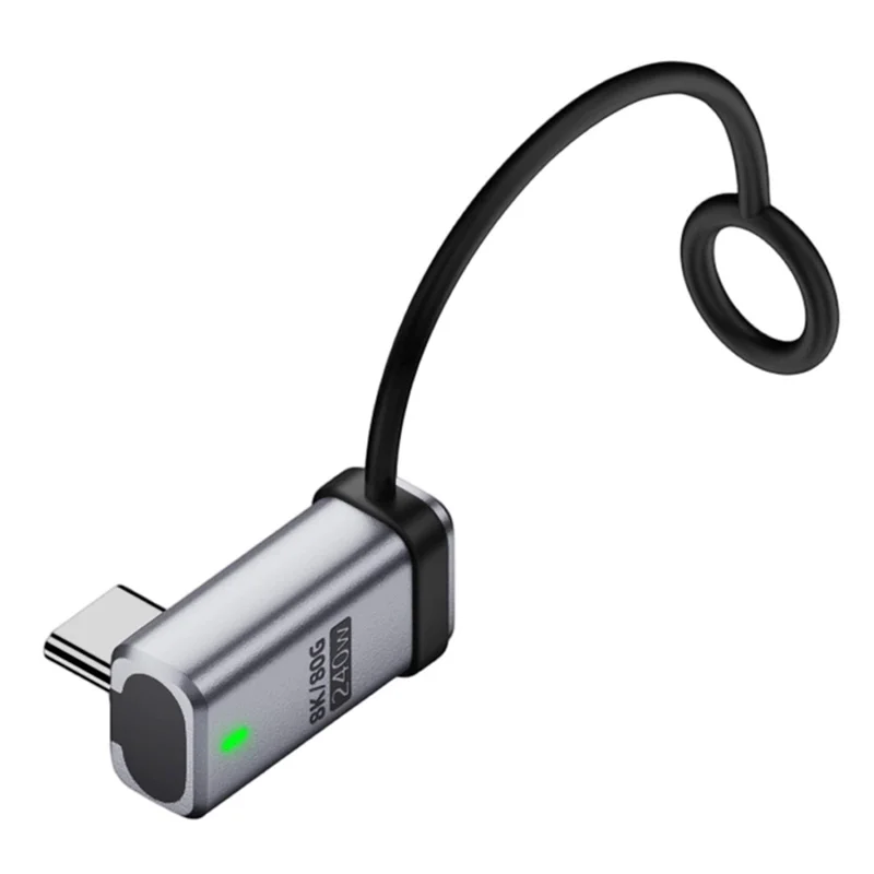 240W Type-C Adapter Angled Male to Female USB-C Converter Aluminum Alloy with Lanyard / 120Gbps Data Transfer / 16K Display Support - Silver