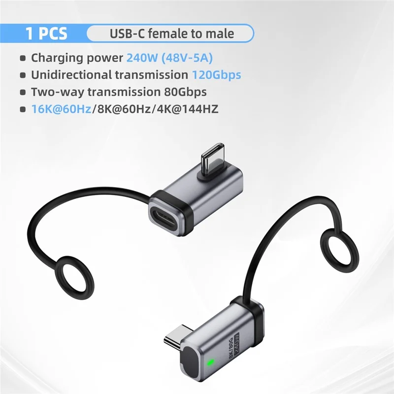 240W Type-C Adapter Angled Male to Female USB-C Converter Aluminum Alloy with Lanyard / 120Gbps Data Transfer / 16K Display Support - Silver
