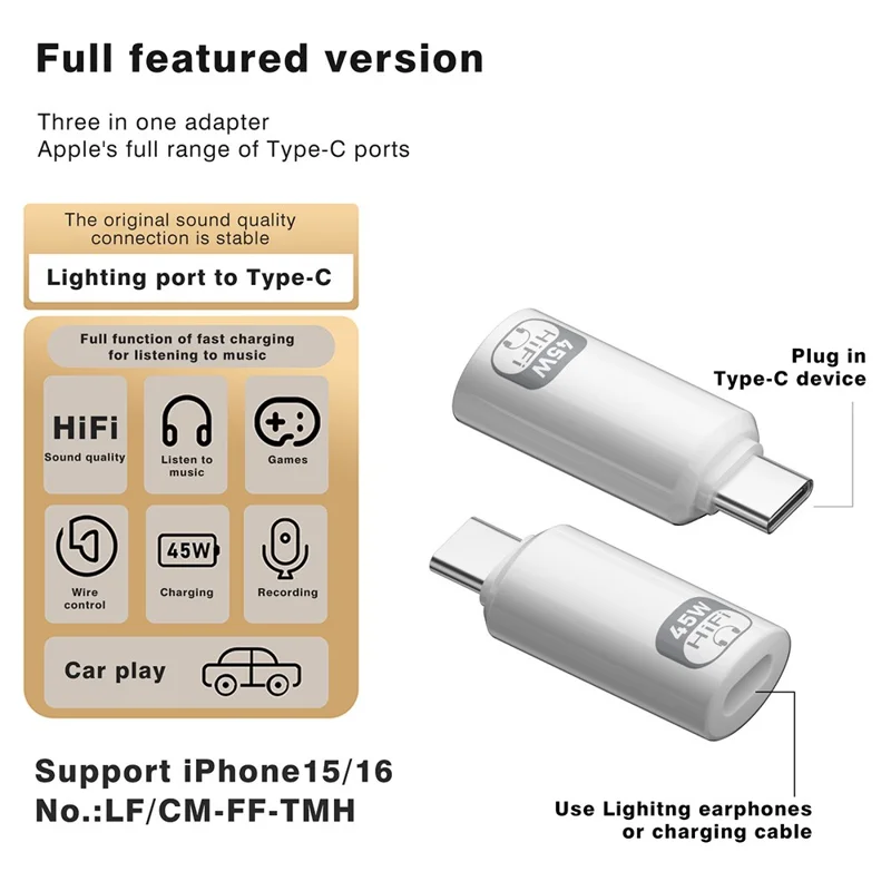 Type-C Male to iP Female Audio Adapter for iPhone 15  /  16  /  17 Series, PD 45W Fast Charging, HiFi Sound Converter - White