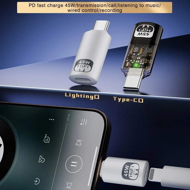 Type-C Male to iP Female Audio Adapter for iPhone 15  /  16  /  17 Series, PD 45W Fast Charging, HiFi Sound Converter - White