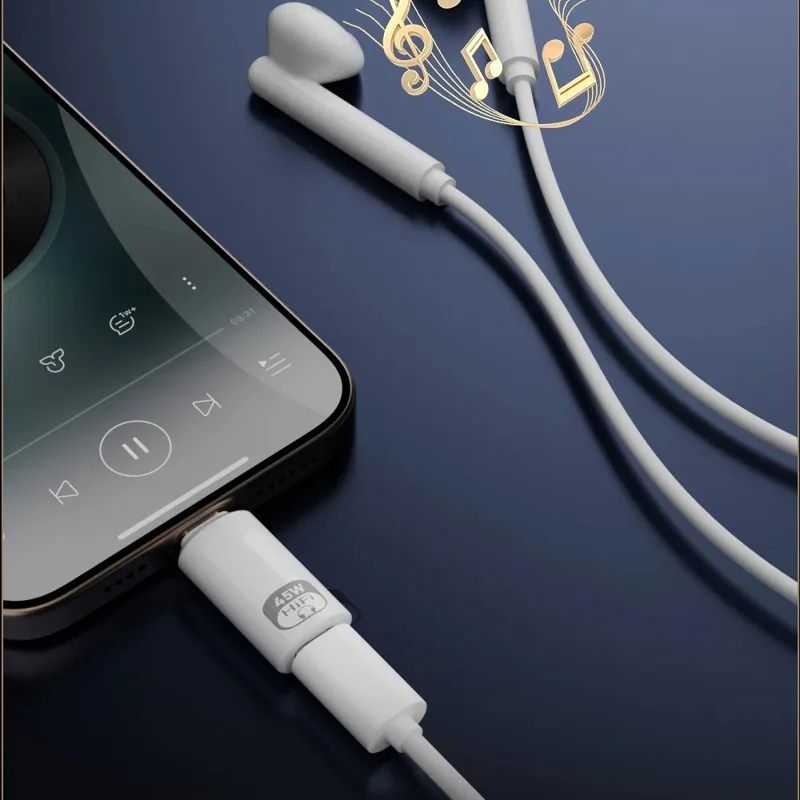 Type-C Male to iP Female Audio Adapter for iPhone 15  /  16  /  17 Series, PD 45W Fast Charging, HiFi Sound Converter - White