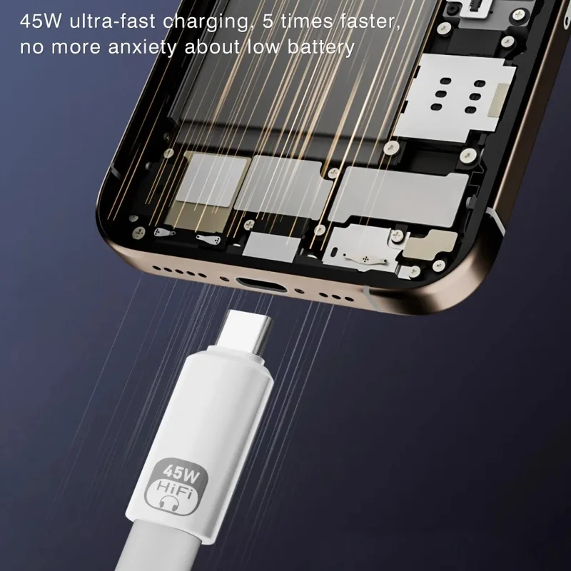 Type-C Male to iP Female Audio Adapter for iPhone 15  /  16  /  17 Series, PD 45W Fast Charging, HiFi Sound Converter - White