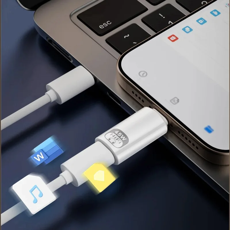 Type-C Male to iP Female Audio Adapter for iPhone 15  /  16  /  17 Series, PD 45W Fast Charging, HiFi Sound Converter - White