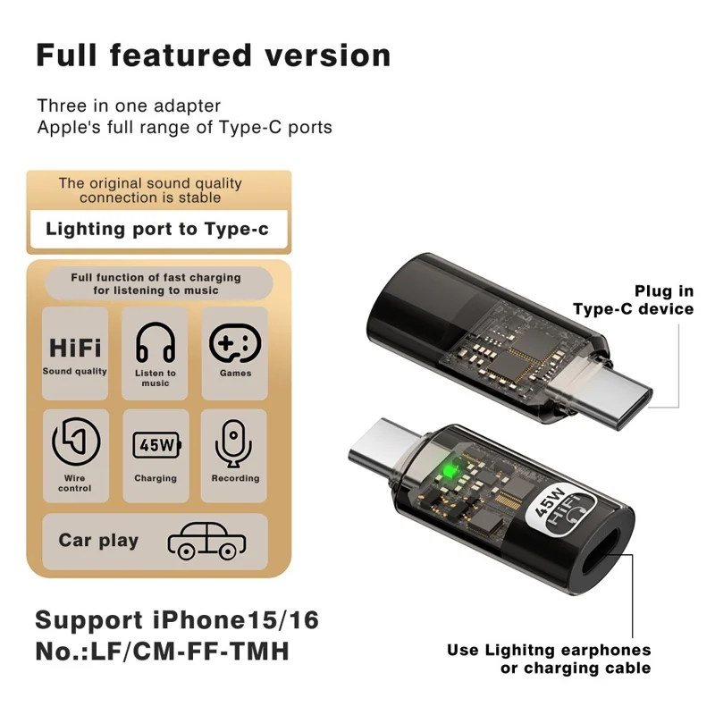 Type-C Male to iP Female Audio Adapter for iPhone 15  /  16  /  17 Series, PD 45W Fast Charging, HiFi Sound Converter - Black