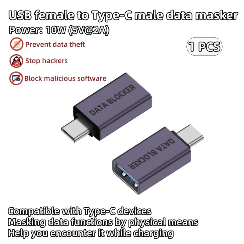 Type-C Male to USB Female Adapter Data Blocker, Anti-Hacking Data Sync Blocker for Secure Charging  /  Privacy Protection - Purple