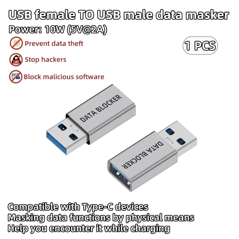 USB Male to USB Female Adapter Data Blocker, Anti-Hacking Data Sync Blocker for Secure Charging  /  Privacy Protection - Silver