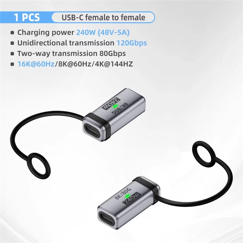 Straight Female to Female PD 240W Type-C Adapter Aluminum Alloy 120Gbps Data Transfer Converter Plug with Lanyard - Silver