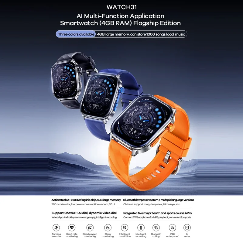 Montre intelligente REMAX WATCH31 AI, montre-bracelet multifonction avec appel Bluetooth et suivi de la santé, 4 Go de RAM - Bleu