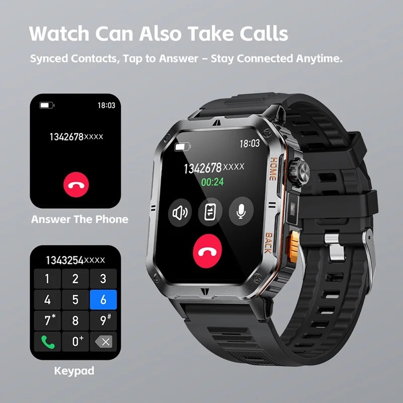 MT62 Relógio Inteligente para Aventura ao Ar Livre, Impermeável IP68, Ecrã IPS de 2,01 Polegadas, Rastreador de Fitness com Lanterna LED Integrada - Preto