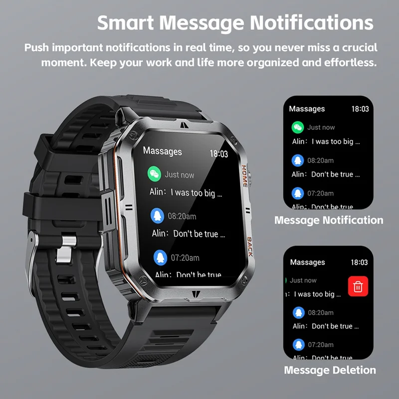 MT62 Relógio Inteligente para Aventura ao Ar Livre, Impermeável IP68, Ecrã IPS de 2,01 Polegadas, Rastreador de Fitness com Lanterna LED Integrada - Preto