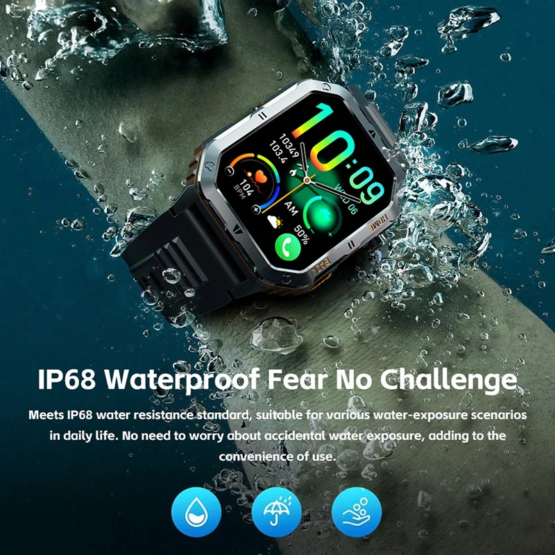 MT62 Relógio Inteligente para Aventura ao Ar Livre, Impermeável IP68, Ecrã IPS de 2,01 Polegadas, Rastreador de Fitness com Lanterna LED Integrada - Preto