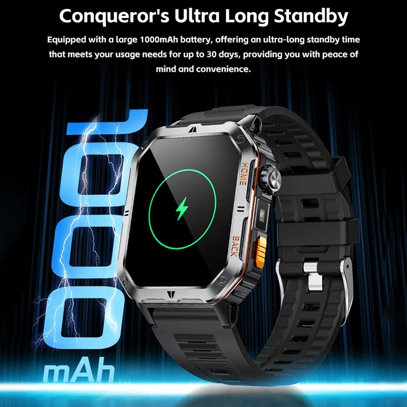 MT62 Relógio Inteligente para Aventura ao Ar Livre, Impermeável IP68, Ecrã IPS de 2,01 Polegadas, Rastreador de Fitness com Lanterna LED Integrada - Preto