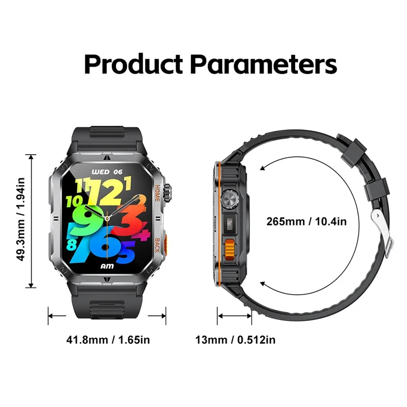 MT62 Relógio Inteligente para Aventura ao Ar Livre, Impermeável IP68, Ecrã IPS de 2,01 Polegadas, Rastreador de Fitness com Lanterna LED Integrada - Preto