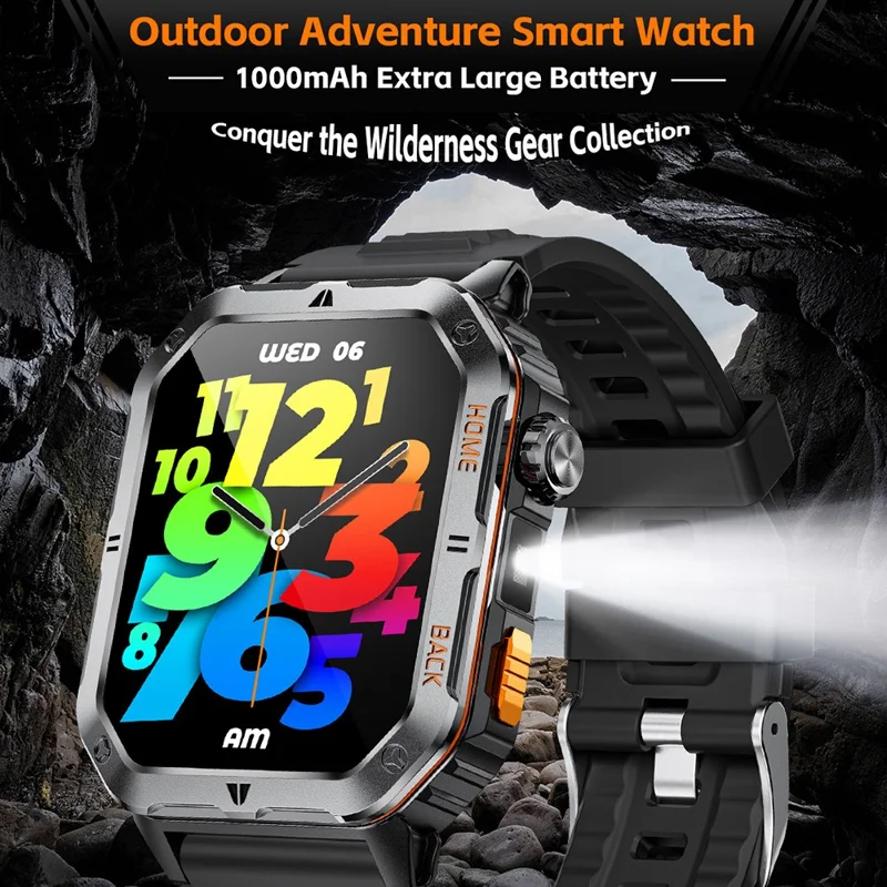 MT62 Relógio Inteligente para Aventura ao Ar Livre, Impermeável IP68, Ecrã IPS de 2,01 Polegadas, Rastreador de Fitness com Lanterna LED Integrada - Preto