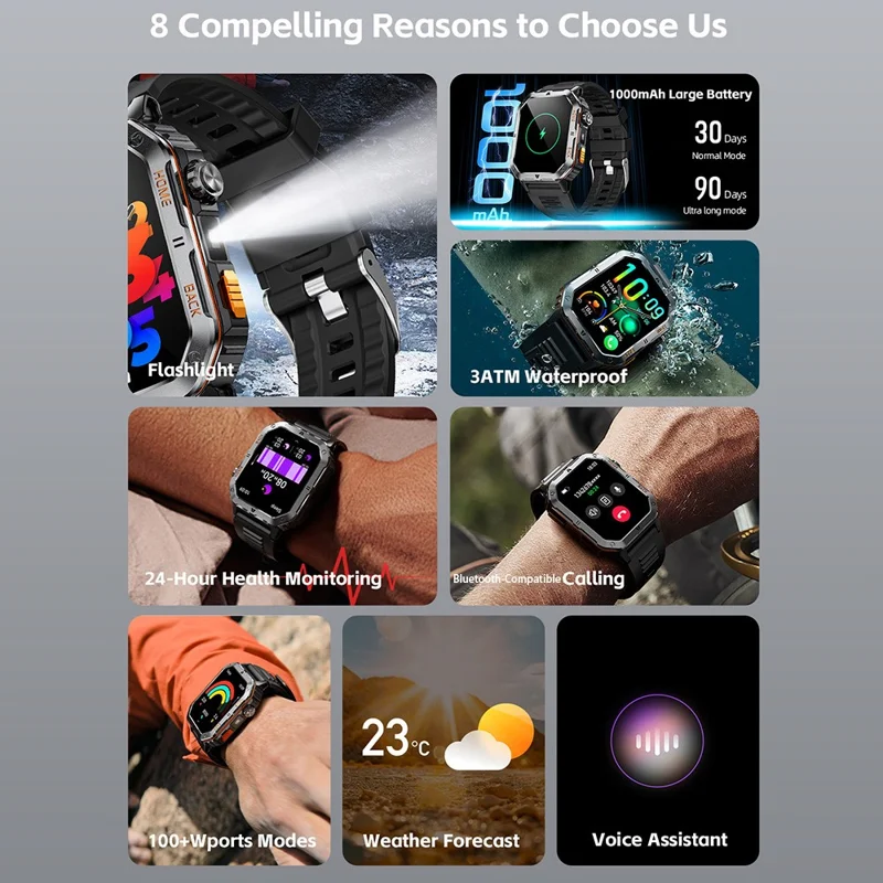 MT62 Relógio Inteligente para Aventura ao Ar Livre, Impermeável IP68, Ecrã IPS de 2,01 Polegadas, Rastreador de Fitness com Lanterna LED Integrada - Preto