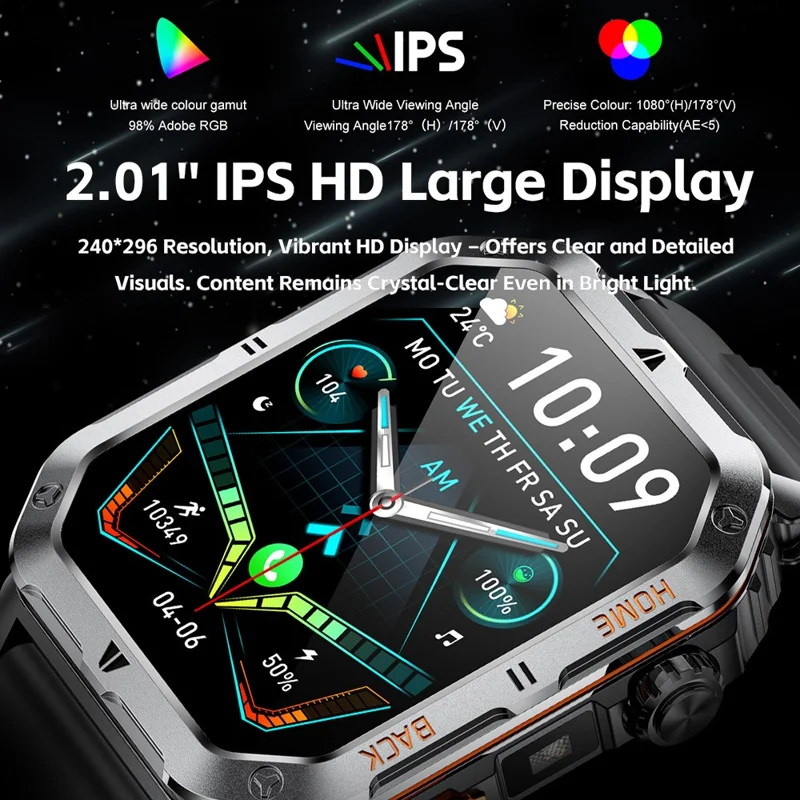 MT62 Relógio Inteligente para Aventura ao Ar Livre, Impermeável IP68, Ecrã IPS de 2,01 Polegadas, Rastreador de Fitness com Lanterna LED Integrada - Preto