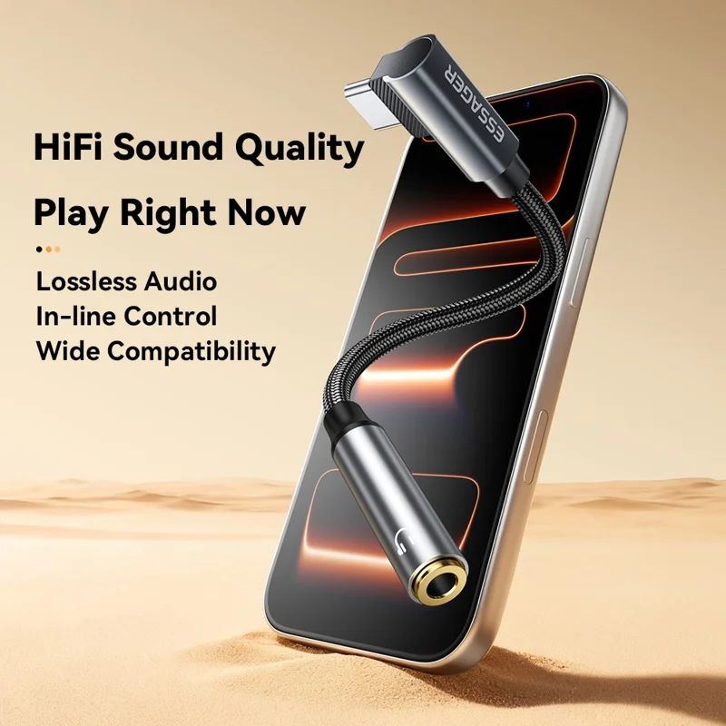 ESSAGER 12cm L-Shape Type-C Male to 3.5mm Female DAC Digital Decoder HiFi Audio Adapter - Grey