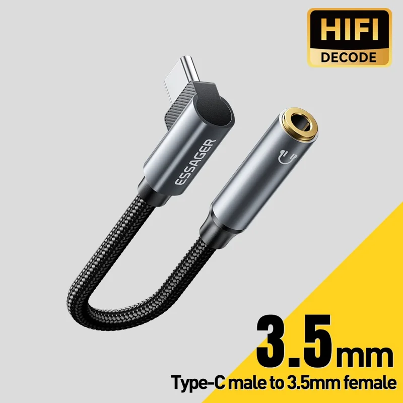 ESSAGER 12cm L-Shape Type-C Male to 3.5mm Female DAC Digital Decoder HiFi Audio Adapter - Grey